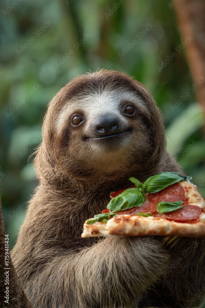 Fototapeta premium Humorous portrait: a smiling sloth holding a slice of pepperoni pizza
