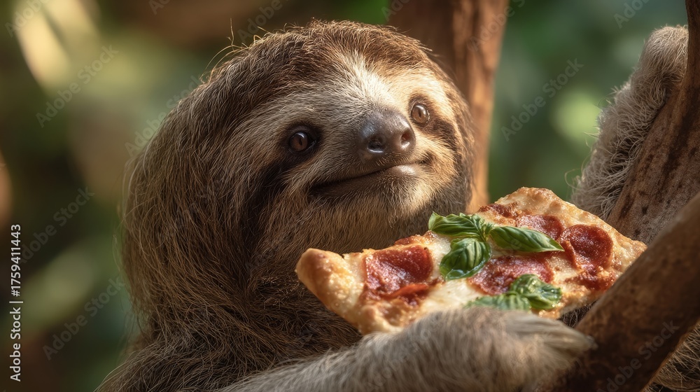 Fototapeta premium Humorous portrait: a smiling sloth holding a slice of pepperoni pizza