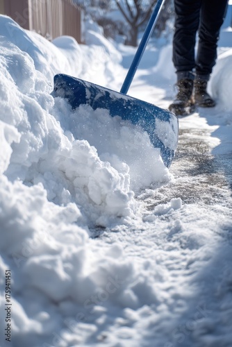 Low-angle shot: blue snow shovel clearing a sidewalk after heavy snowfall