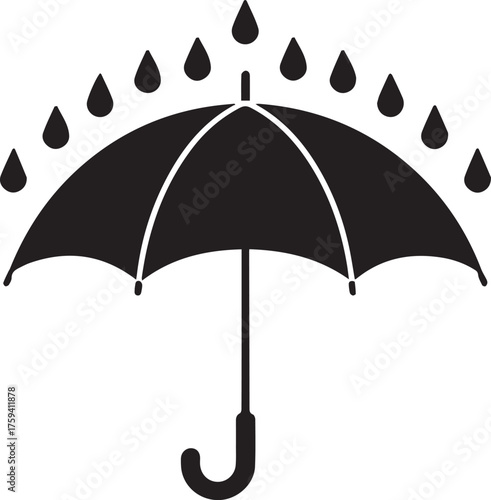 Stylized black silhouette umbrella shielding from rain drops icon symbolizing protection weather safety and waterproof design elements for various applications vector