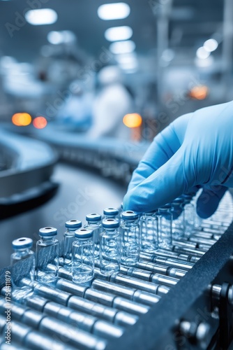 Vaccine/Drug Production: Gloved hand inspecting a vial on a pharmaceutical conveyor belt