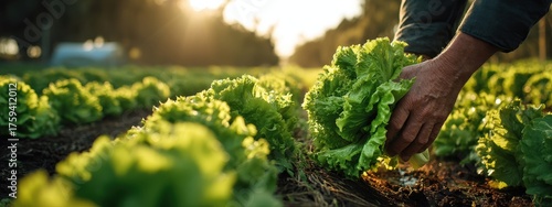 Farmer's hands harvesting fresh green lettuce in a field at sunset