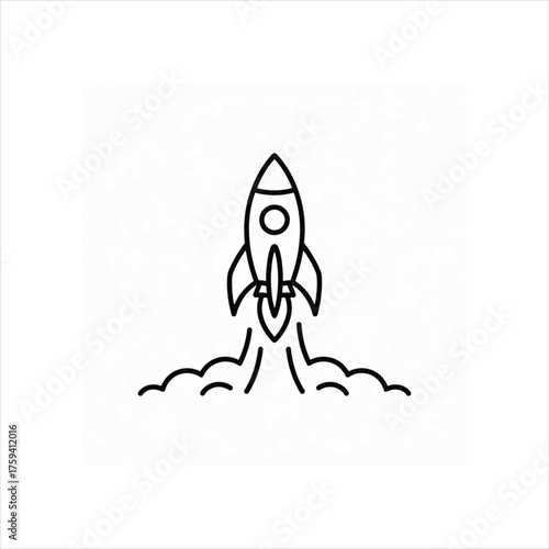 Simple line art rocket launching into space with smoke trails for business startup concept and exploration themes vector