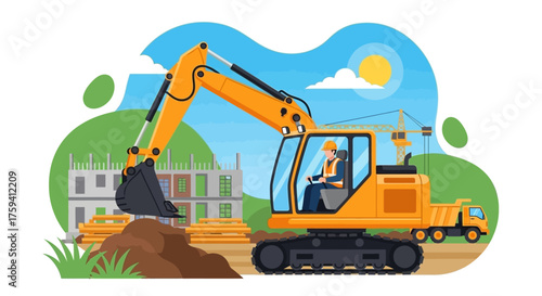 Construction worker operates an excavator at a building site showing industry and development