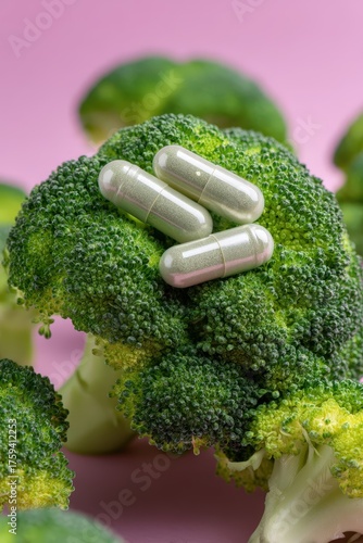 Close-up of Broccoli and Green Nutritional Capsules on a Blue Background