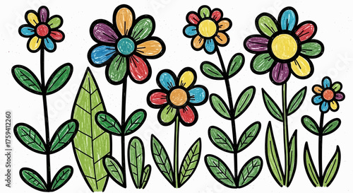 Colorful childlike drawing of fantasy flowers in a field with black outlines