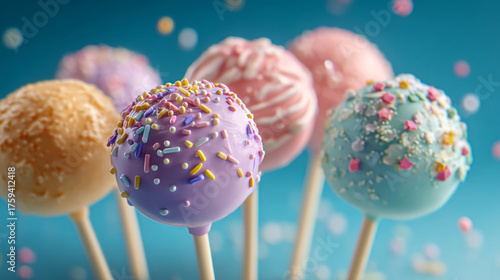 Assorted pastel colored cake pops with sprinkles against a blue background in soft focus