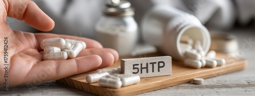 5-HTP Capsules, Wooden Sign, and Alarm Clock: Sleep and Mood Enhancement Concept.