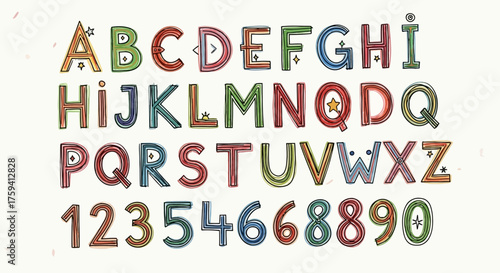 Colorful whimsical alphabet and number set, hand-drawn style for children and education