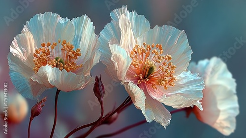 Dreamy White Flowers with Golden Stamens and Buds, Artistic Floral Close-Up