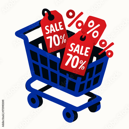 Blue shopping cart with sale tags showing 70% off discount.
