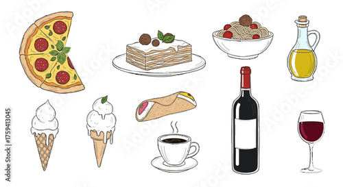 Delicious Italian cuisine: Pizza, pasta, lasagna, coffee, wine and ice cream illustration