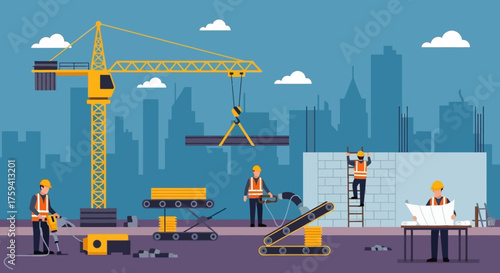 Urban construction site with workers crane and machinery illustrating city development and progress