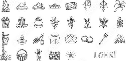 Lohri Festival Line Art Icons Set. Hand-drawn Doodle Symbols of Indian Punjabi Harvest Celebration Bonfire, Food, Kites, Dancers, and Traditional Elements.