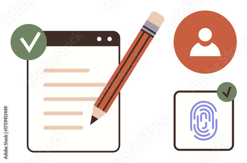 Writing on form with pencil, user profile, fingerprint scan, and verification checkmarks. Ideal for security, identity, data entry, verification authentication technology privacy. Simple flat