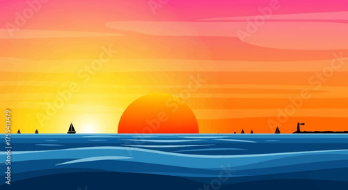 Vibrant Sunset Over the Ocean with Sailboats and Distant Shoreline.