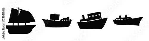Silhouettesoffourdistinctshipsfeaturingasailingvesselandthreemotorizedboats