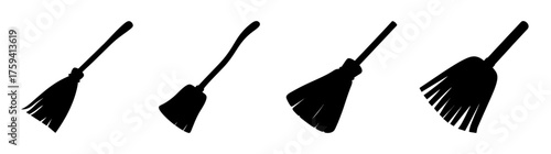 Fourblacksilhouettesofbroomsindifferentposesandanglesisolatedon