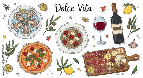 Elegant Italian Cuisine Still Life Illustration with Fresh Ingredients and Flavors