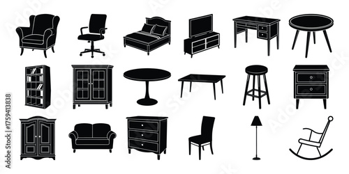 furniture silhouette icon. set of furniture silhouette elements. Collection of black silhouette furniture icons isolated on white background for interior design and decor