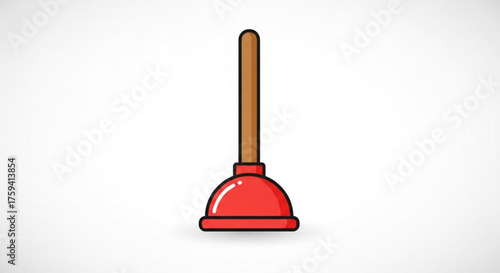 Red plunger with wooden handle for unclogging drains and toilets home plumbing tool for drain cleaning and repair