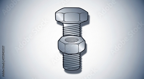 Illustration of metal hex bolt and nut fastener for mechanical engineering and construction projects