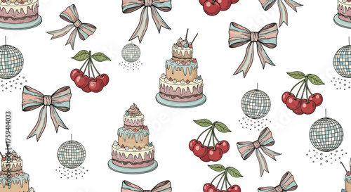 Festive seamless pattern of cakes, cherries, bows, and disco balls for celebration