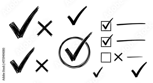Hand drawn doodle check marks and crosses on a white background design element