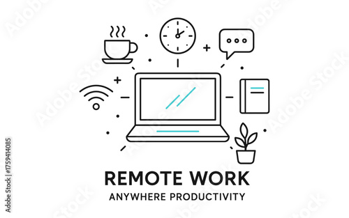 Minimalist remote work setup with laptop and productivity icons