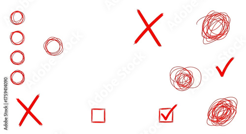 Hand drawn checklist elements: circles, crosses, squiggles, squares and ticks with red marker