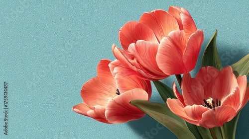 Vibrant Coral Tulips Blooming on a Textured Teal Background, Artistic Floral Illustration
