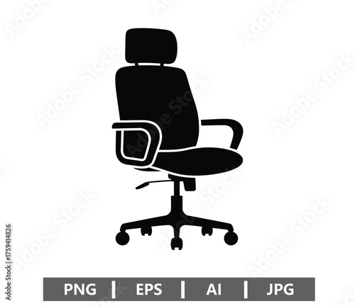 Vector art of black office chair with headrest, ergonomic design and adjustable features