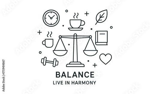 Minimalist line art wellness concept with balance and harmony icons