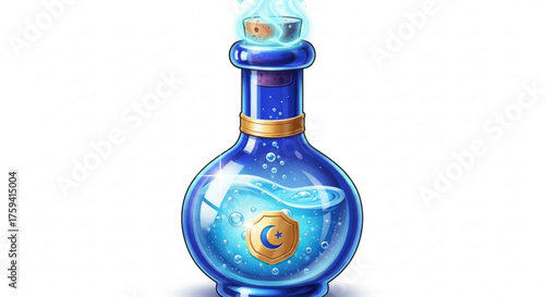 Blue potion bottle with moon and star symbol magical elixir fantasy game asset liquid container illustration