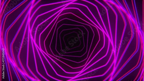 Vibrant pink and purple neon hexagon tunnel creating a futuristic abstract geometric light corridor for a sci-fi background