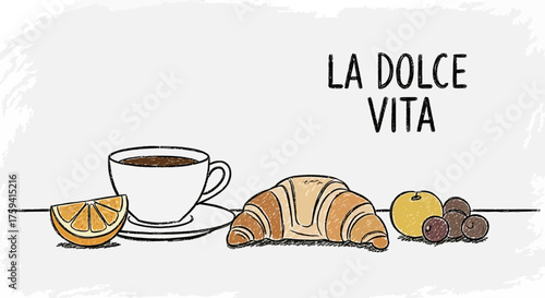 Illustrative depiction of "La Dolce Vita" with breakfast featuring coffee and croissant
