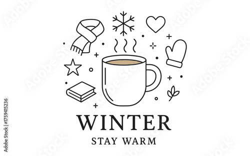 Cozy winter elements: coffee, scarf, and mittens in minimalist design