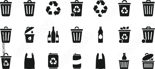 Collection of various recycling and trash bin icons and symbols for waste management and environmental protection isolated on transparent background