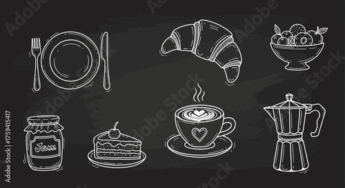 Sketch illustration of a delightful breakfast assortment on a chalkboard background