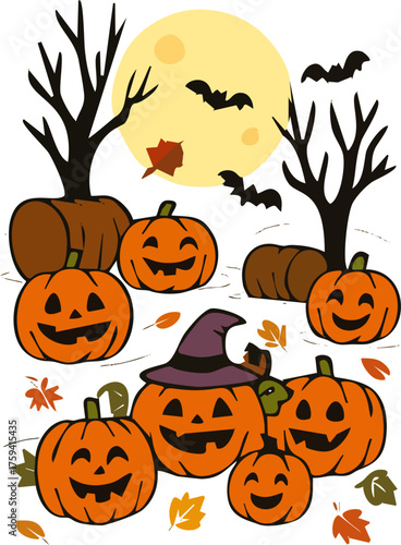 Halloween Pumpkin Patch Vector Illustration, Happy Jack-o-Lanterns, Bats, Bare Trees, Autumn Leaves, and Full Moon