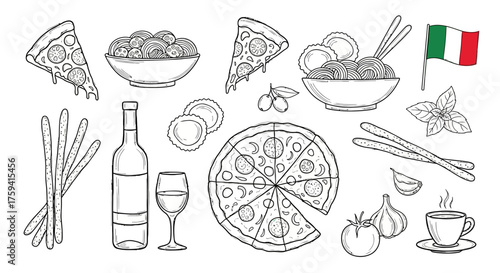Sketch illustration of Italian food: pasta, pizza, wine, coffee and other dishes