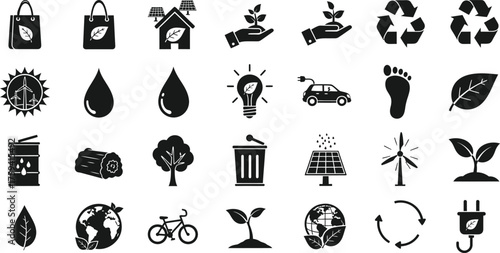 Collection of eco friendly and environmental protection icons and symbols isolated on transparent background