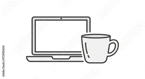 Laptop and coffee cup vector illustration for work from home concept and morning routine clip art graphic design