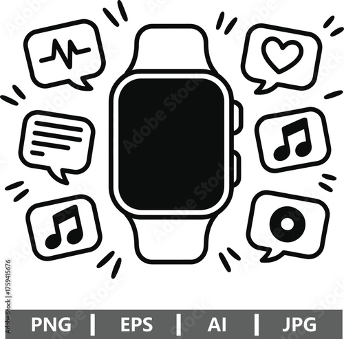 Stay connected with a sleek smartwatch showcasing health, music, and messages in a doodle style