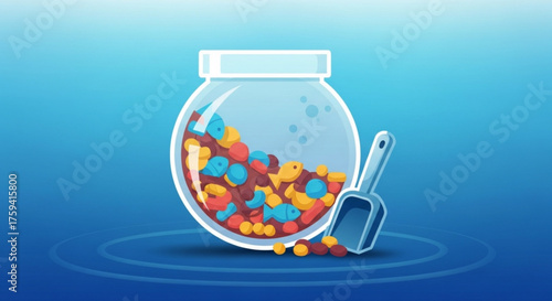 Fish bowl with colorful candy isolated on blue background vector illustration of glass jar with sweet snack and scoop for treat