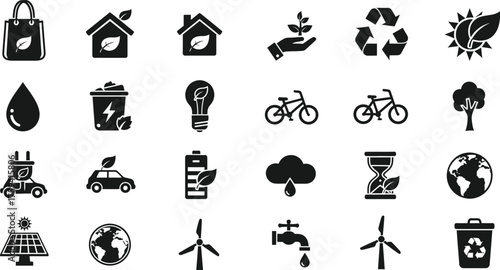Collection of eco friendly sustainability and environment icons representing green energy and conservation isolated on transparent background