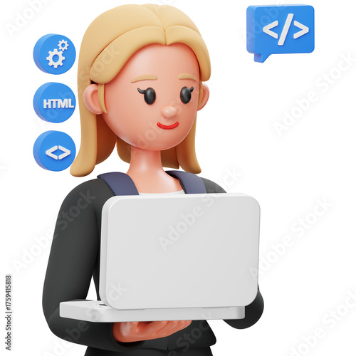 Blonde woman web developer with laptop and code symbols in a digital abstract design