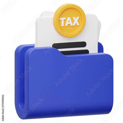 Blue Folder Containing Tax Document With Golden Coin On Top Featuring The Word Tax In White Text