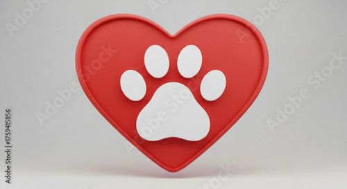 A red heart with a white paw print in the center, symbolizing love for pets and animal care