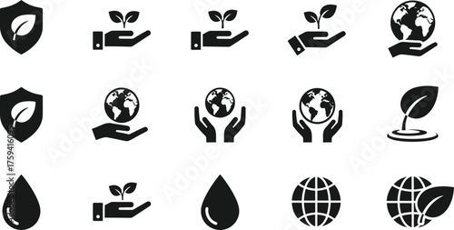 Collection of eco friendly and nature conservation icons representing sustainability and environmental protection isolated on transparent background